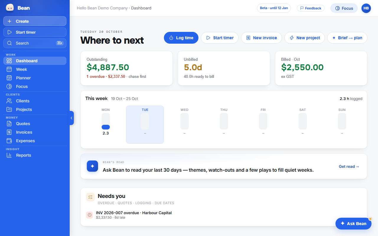The Dashboard: Outstanding, Unbilled and Billed cards, the week strip and the Needs you list.