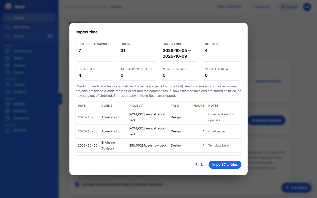 The Import time preview: entries to import, hours, date range, clients and projects counted, and the first rows with their dates, clients, projects, tasks and hours, before anything is written.